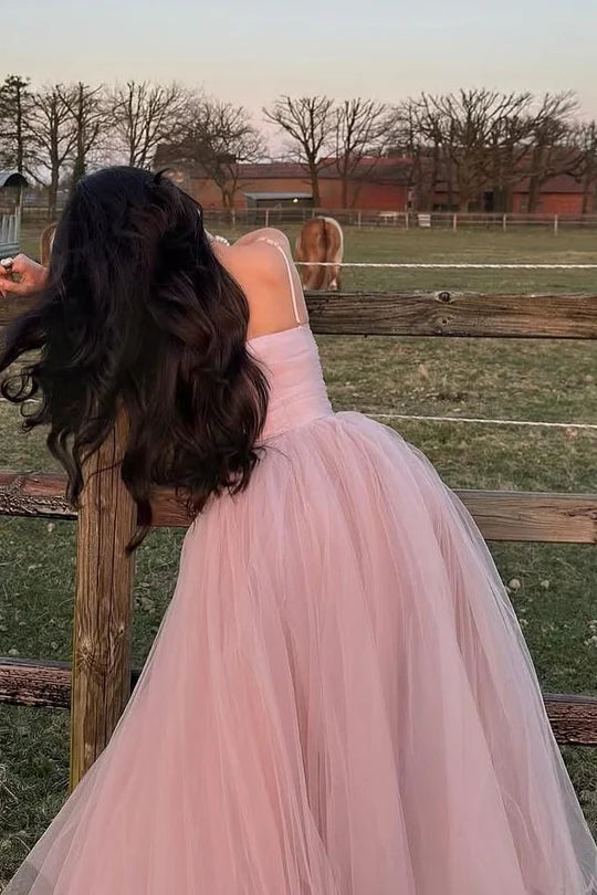 Pink Spaghetti Straps Empire-Waist Tulle Long Prom Party Dress