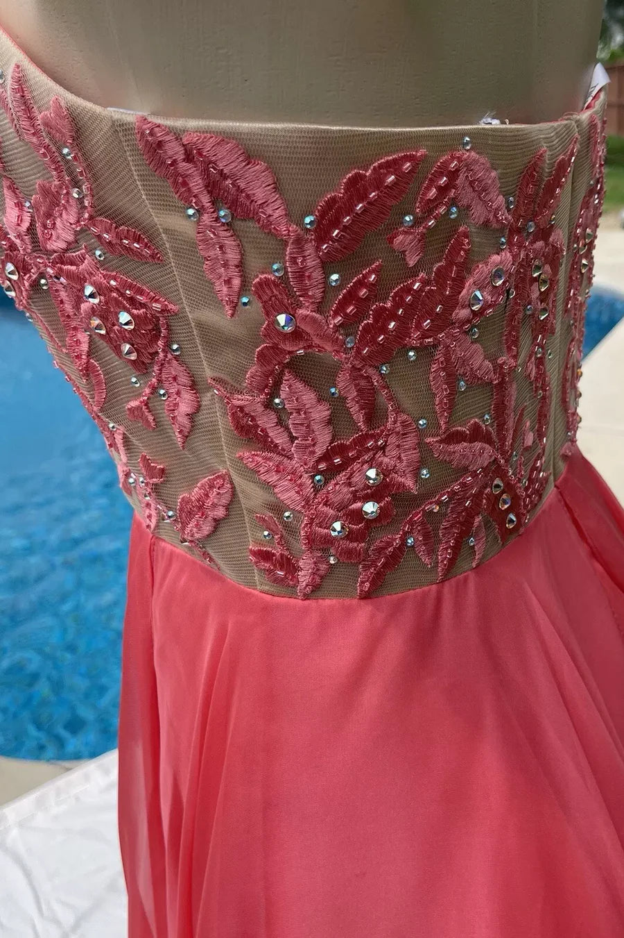 A-Line Strapless Sweetheart Beads Pleated Chiffon Long Prom Dress