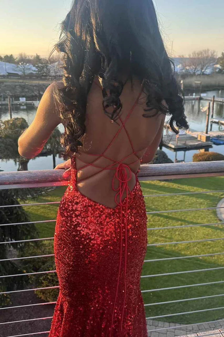 Sparkly Sequined Spaghetti Straps V-Neck Mermaid Long Prom Dress