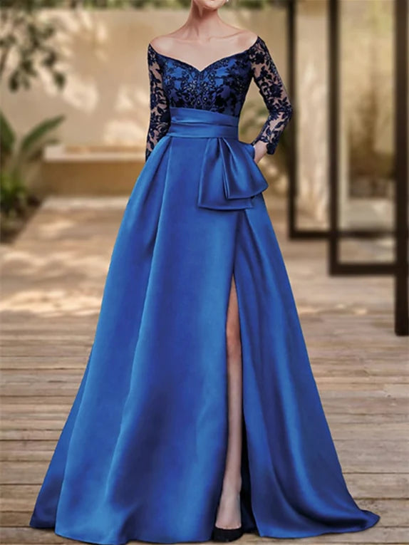 A Line V Neck Long Sleeves Floor Length Evening Dresses