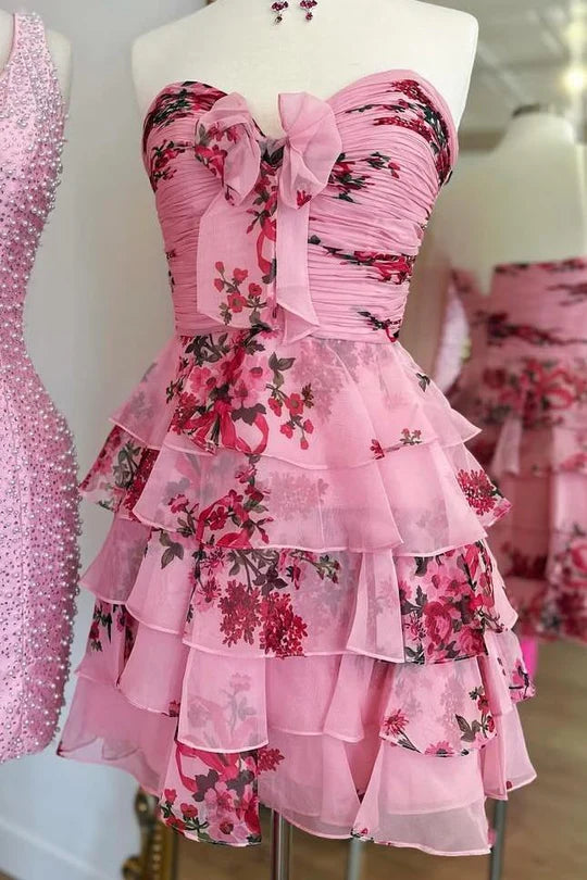 Pink A-Line Strapless Print Floral Layered Short Homecoming Dress