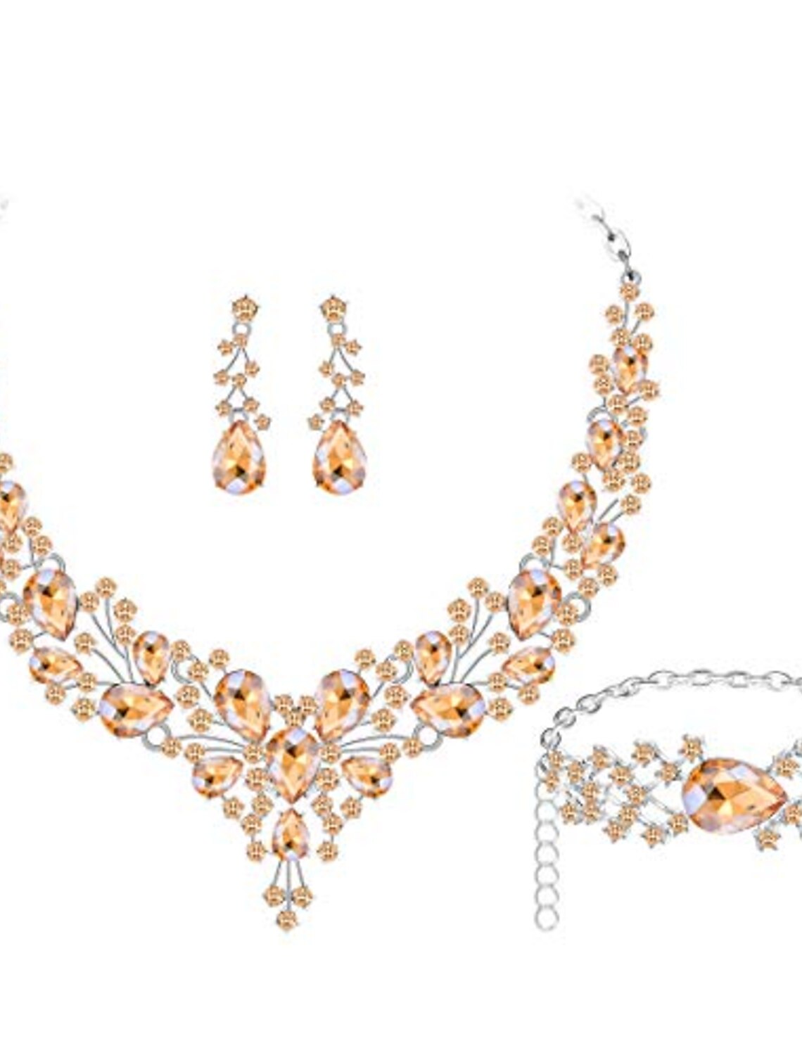 cubic zirconia teardrop cluster bib necklace earrings bracelet jewelry set women wedding dress bridal prom