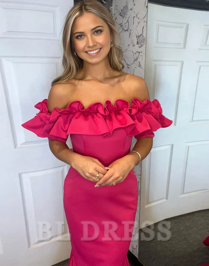 Mermaid Off the Shoulder Ruffle Satin Fuchsia Long formal dresses Bridesmaid Dresses evening gown Prom Dress