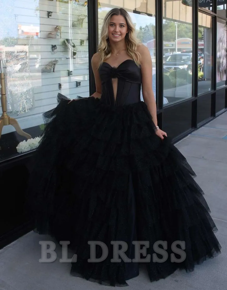 A-Line Sparkly Strapless Flower Tiered Corset Black Long formal dresses evening gown Prom Dress with Slit
