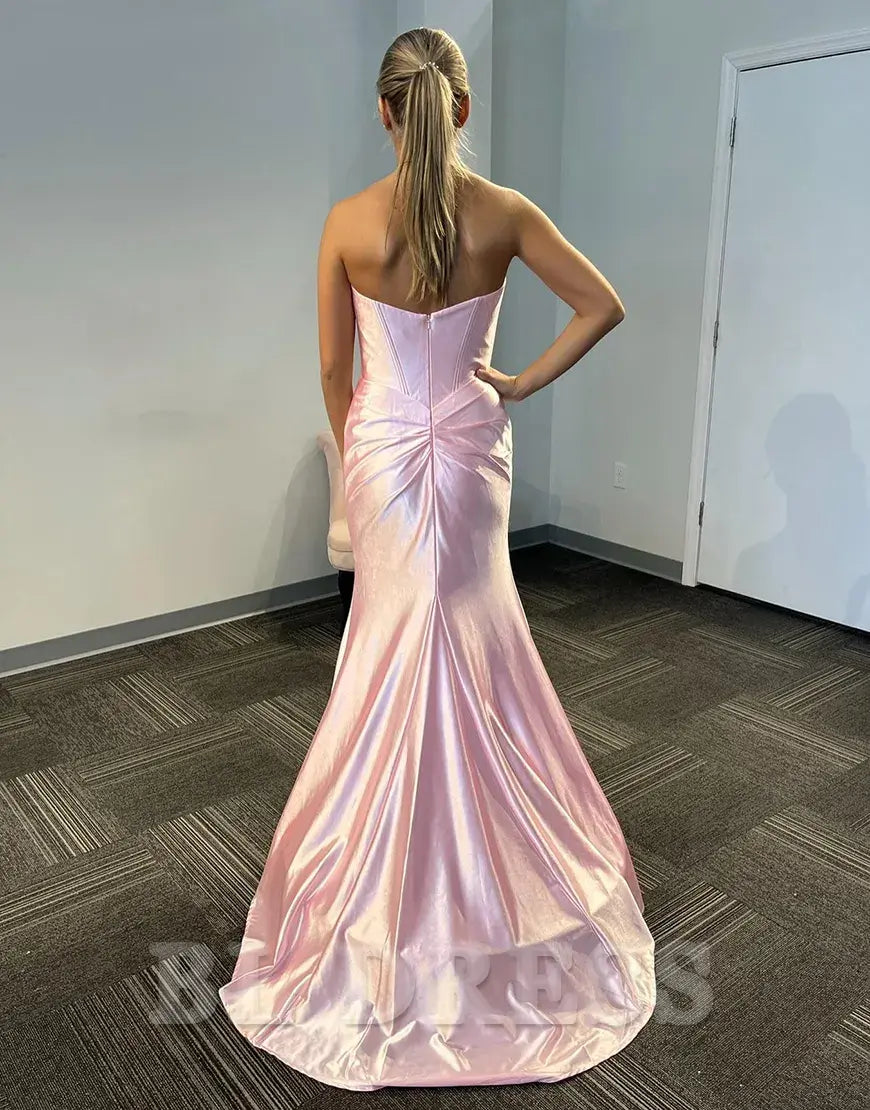 Mermaid Strapless Corset Ruched Satin Light Pink Long formal dresses evening gown Prom Dress with Slit