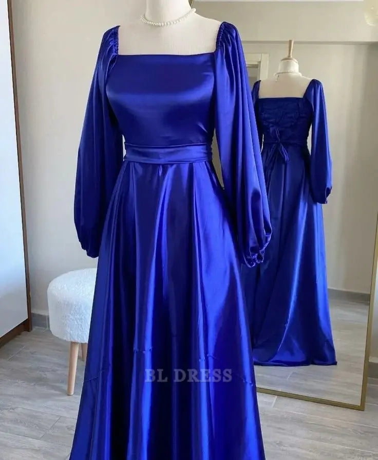 A line Simple Long Sleeves Royal Blue Satin formal dresses Bridesmaid Dresses evening gown Prom Dress