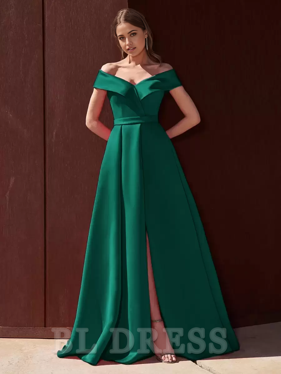 A-Line Off-The-Shoulder Train Sleeveless Zipper Pleated Satin formal dresses Bridesmaid Dresses evening gown Prom Dress