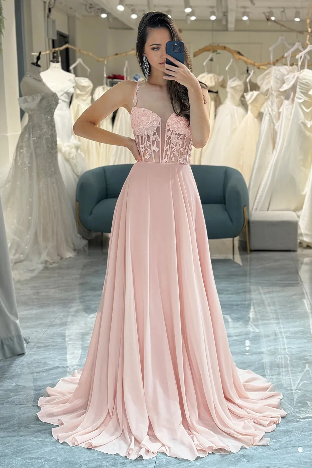 Spaghetti Straps Long Chiffon Light Pink formal dresses evening gown Prom Dress With Appliques