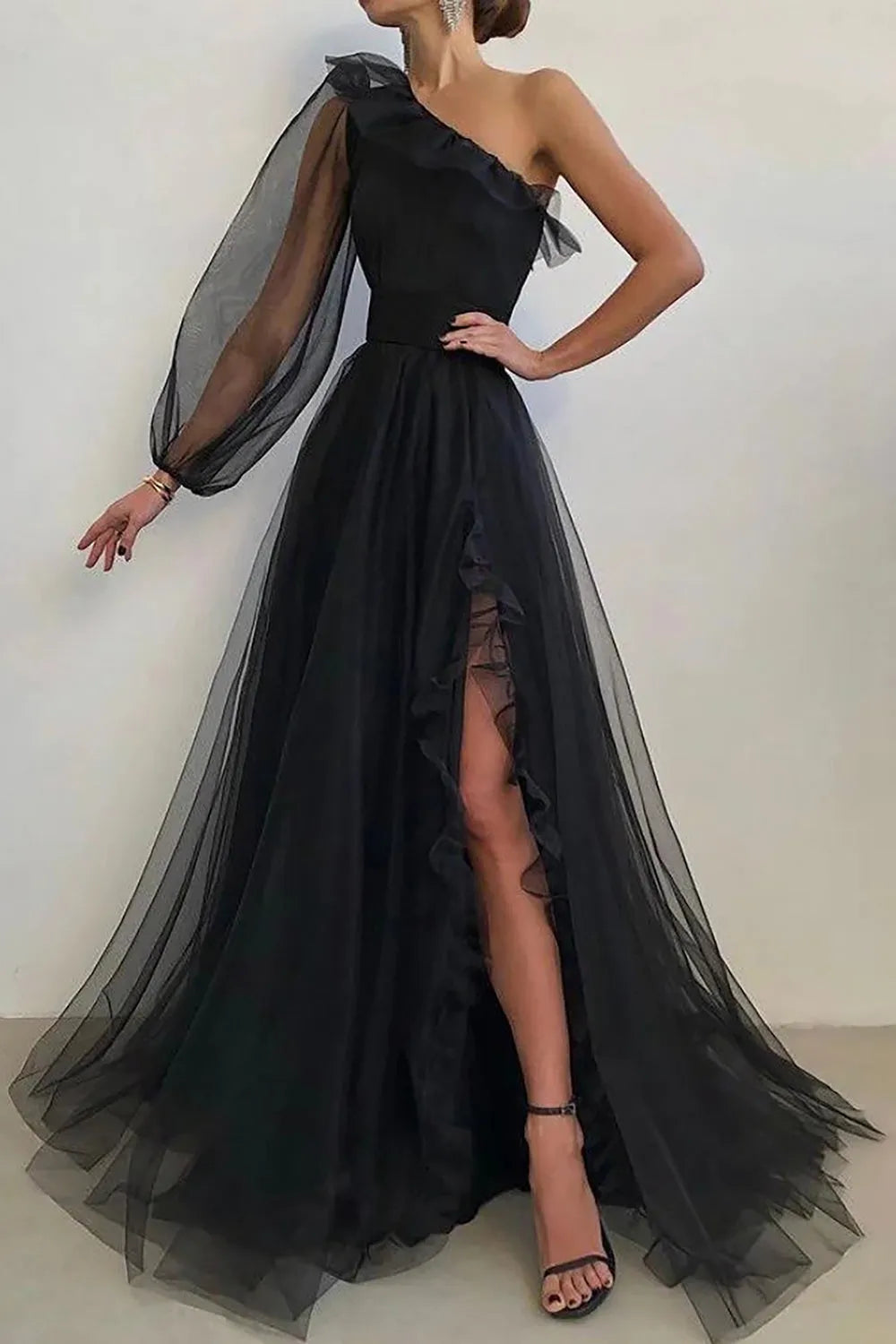 A Line One Shoulder Long Prom Dress with Long Sleeves