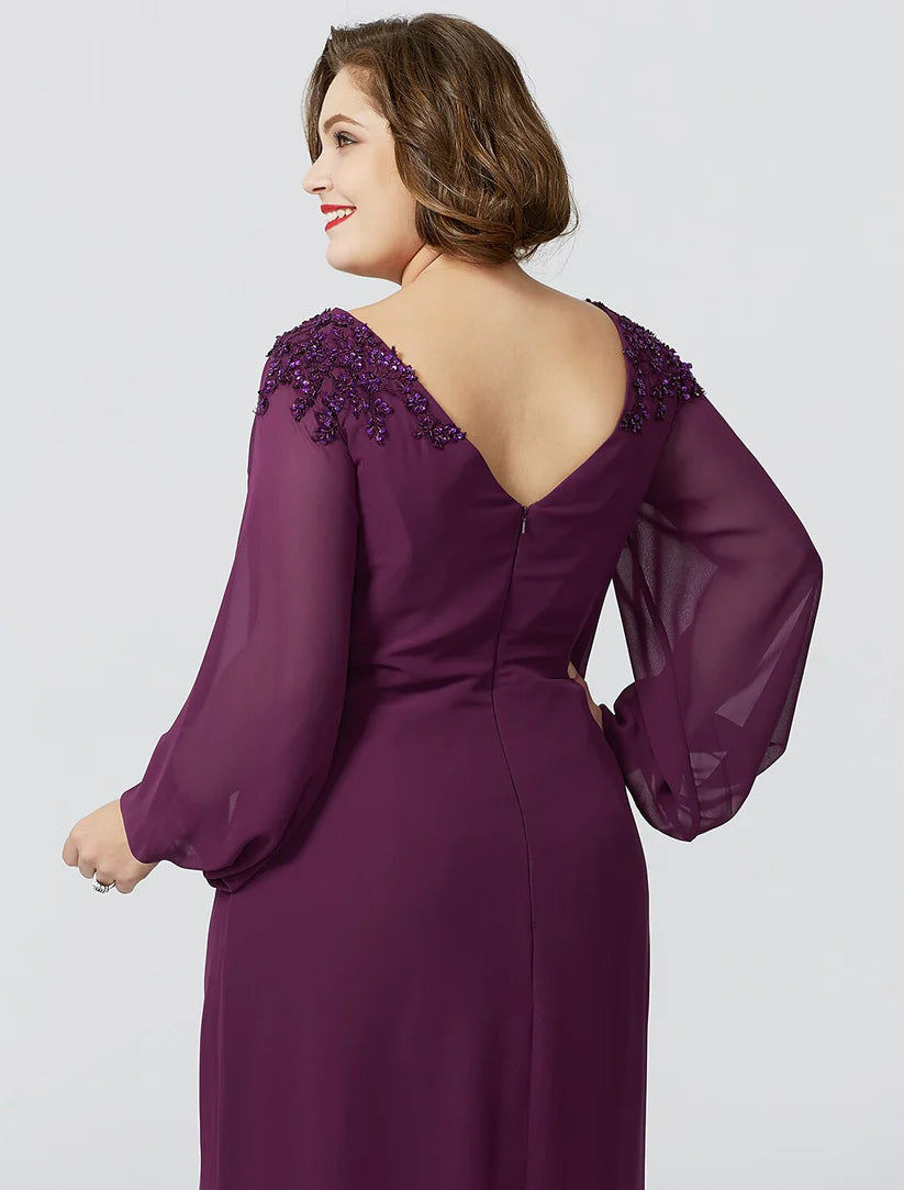 Sheath / Column Mother of the Bride Dress Formal Classic & Timeless Elegant & Luxurious Plus Size Bateau Neck Floor Length Chiffon Long Sleeve No with Beading Appliques