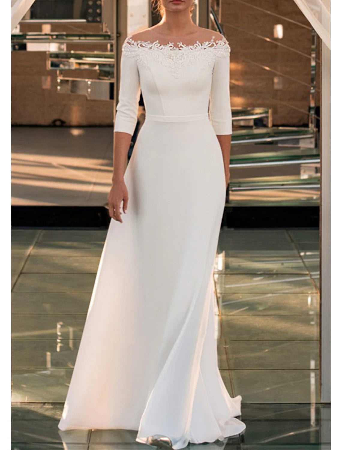 A-Line Off Shoulder 3/4 Length Sleeve Sweep Wedding Dresses / Brush Train Lace Bridal Gowns With Appliques Solid Color
