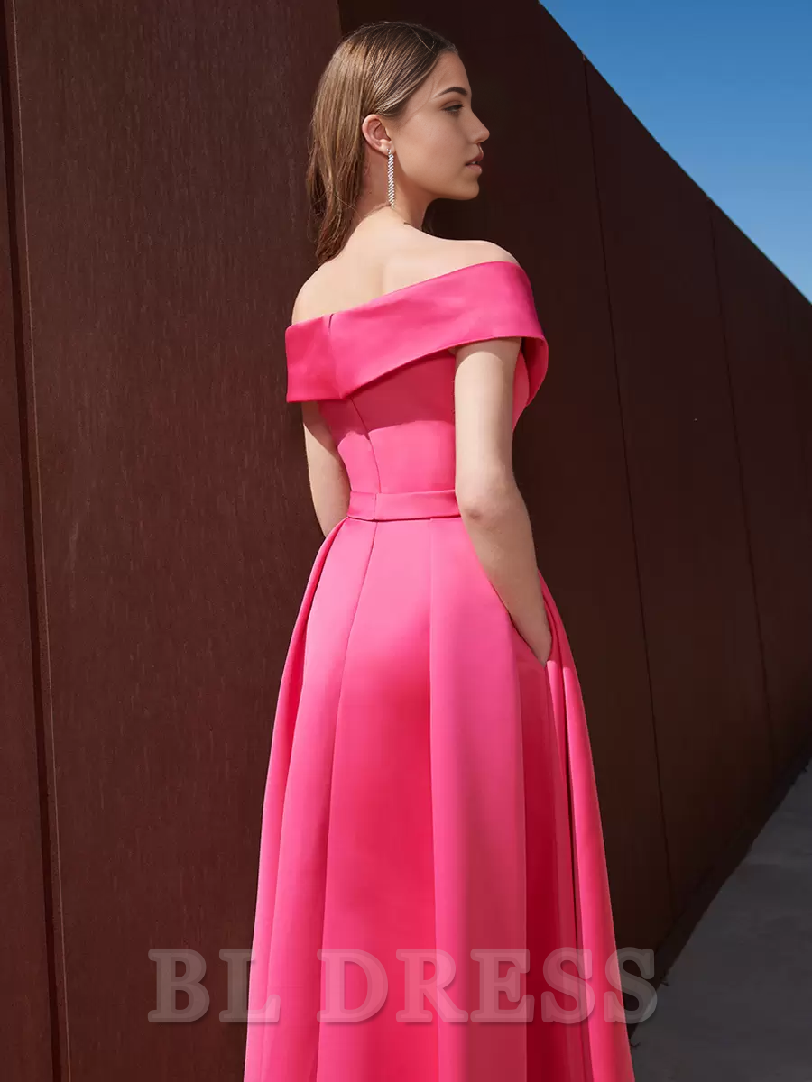 A-Line Off-The-Shoulder Train Sleeveless Zipper Pleated Satin formal dresses Bridesmaid Dresses evening gown Prom Dress