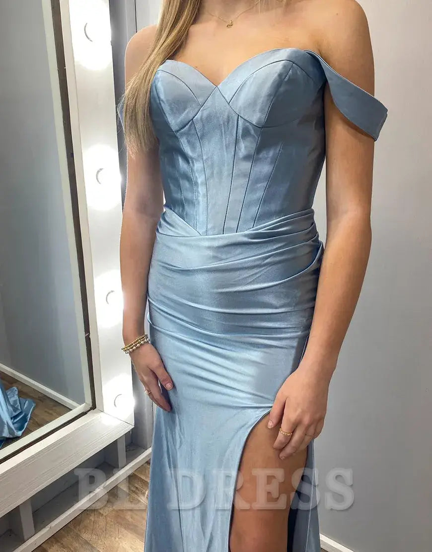 Mermaid Off the Shoulder Corset Satin Long formal dresses evening gown Prom Dress with Slit
