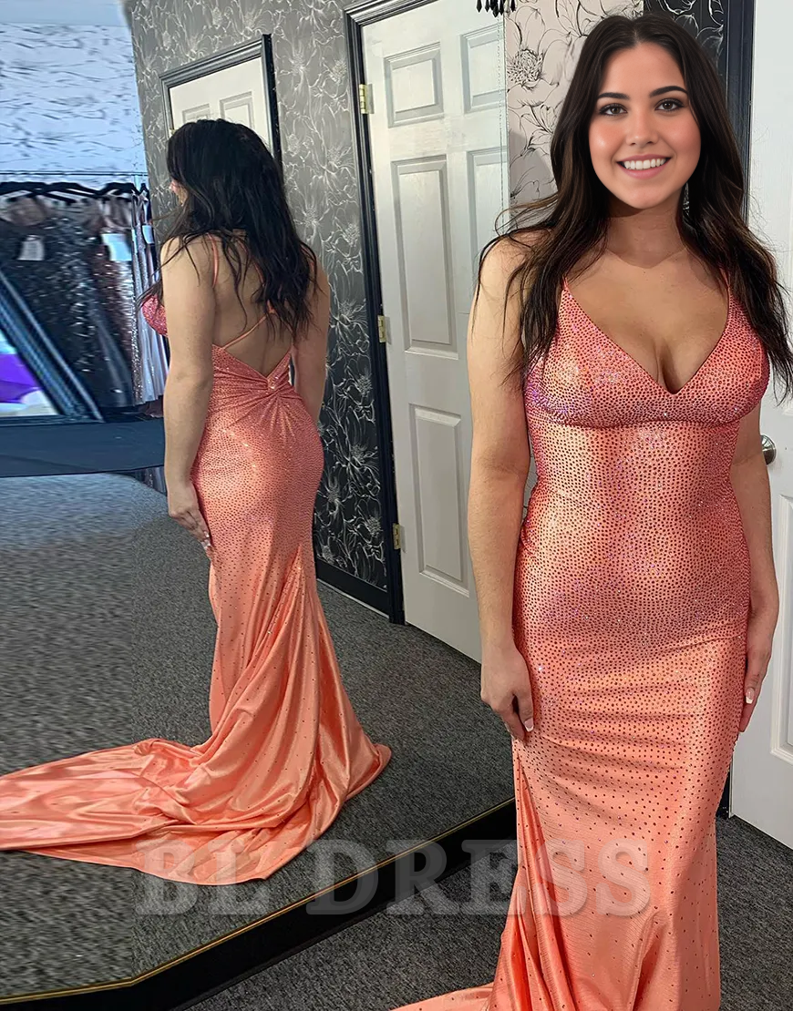 Mermaid Sparkly Spaghetti Straps Beaded Satin Orange Long formal dresses Bridesmaid Dresses evening gown Prom Dress