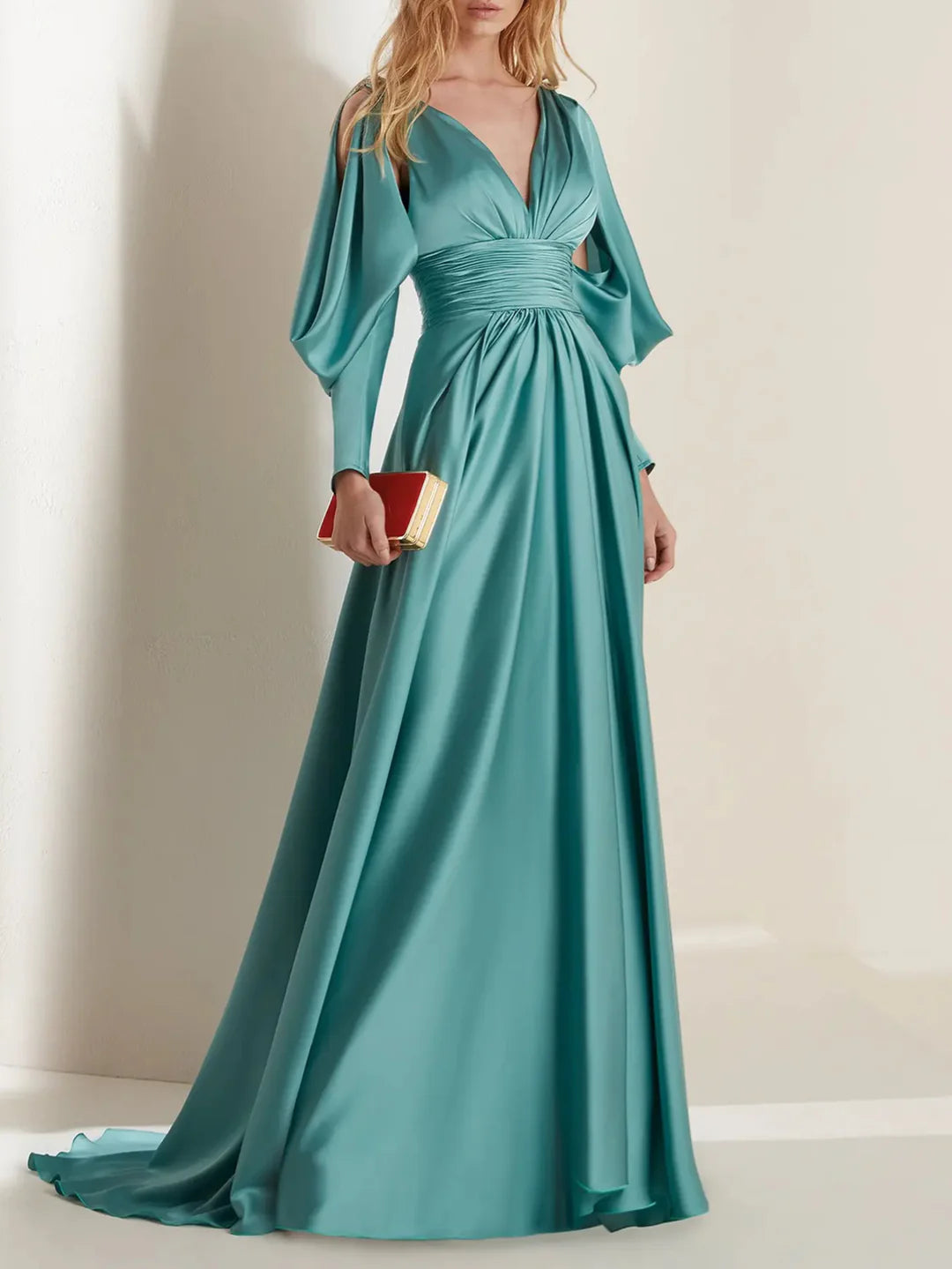 A-Line V Neck Long Sleeves Floor Length Evening Dresses