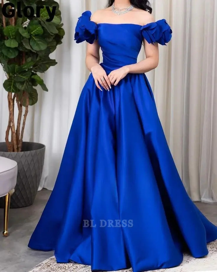 A Line Off The Shoulder Royal Blue Satin Long formal dresses Bridesmaid Dresses evening gown Prom Dress