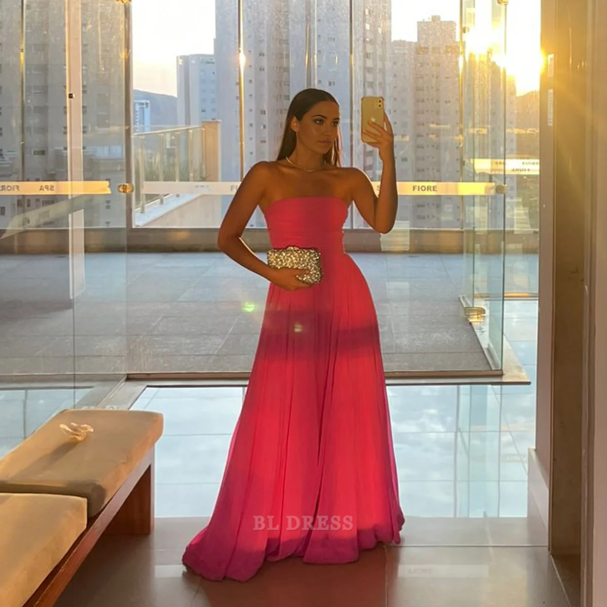 A Line Strapless Hot Pink Long formal dresses Bridesmaid Dresses evening gown Prom Dress