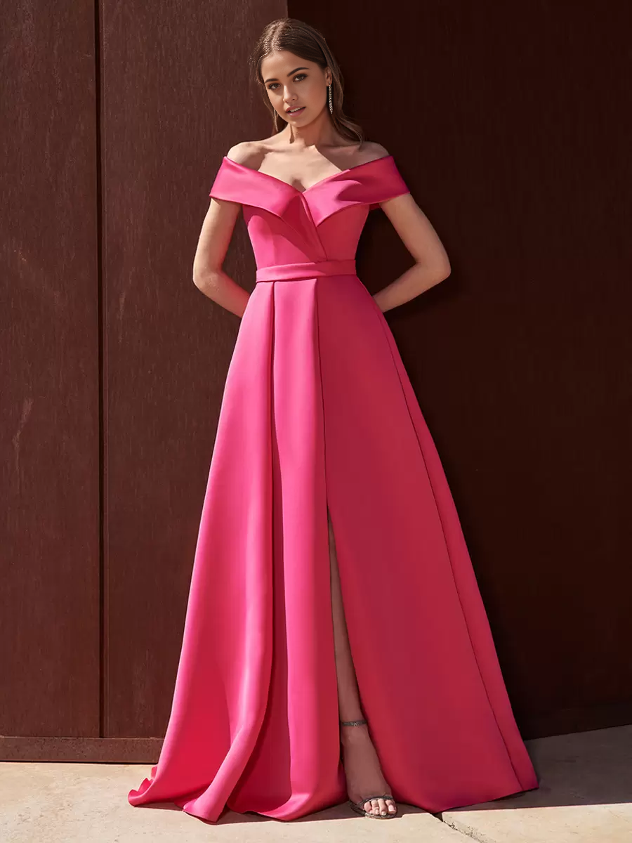 A-Line Off-The-Shoulder Train Sleeveless Zipper Pleated Satin formal dresses Bridesmaid Dresses evening gown Prom Dress