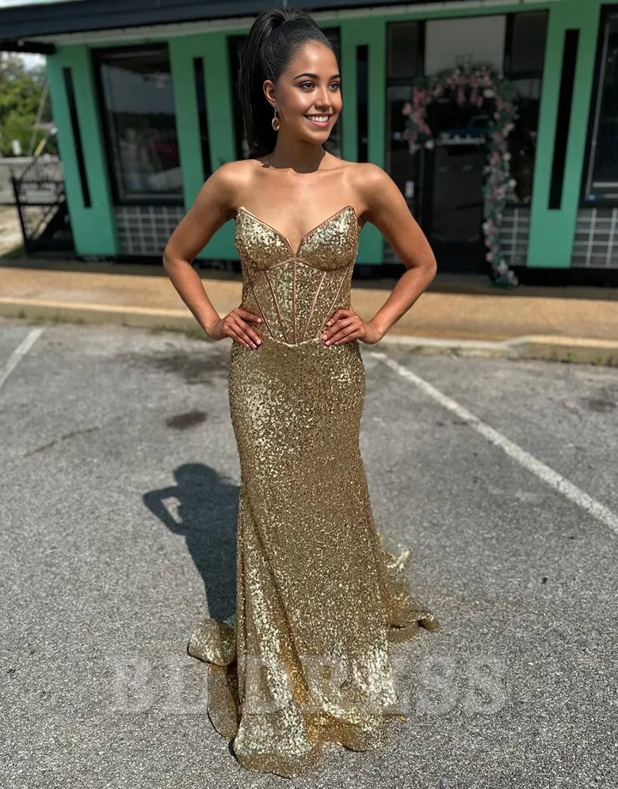 Mermaid Sparkly Strapless Corset Sequins Golden Long formal dresses evening gown Prom Dress