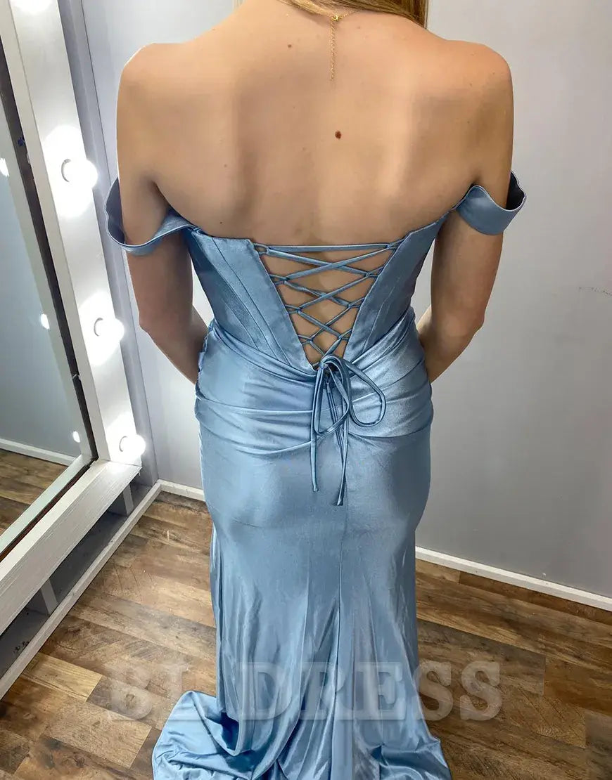 Mermaid Off the Shoulder Corset Satin Long formal dresses evening gown Prom Dress with Slit