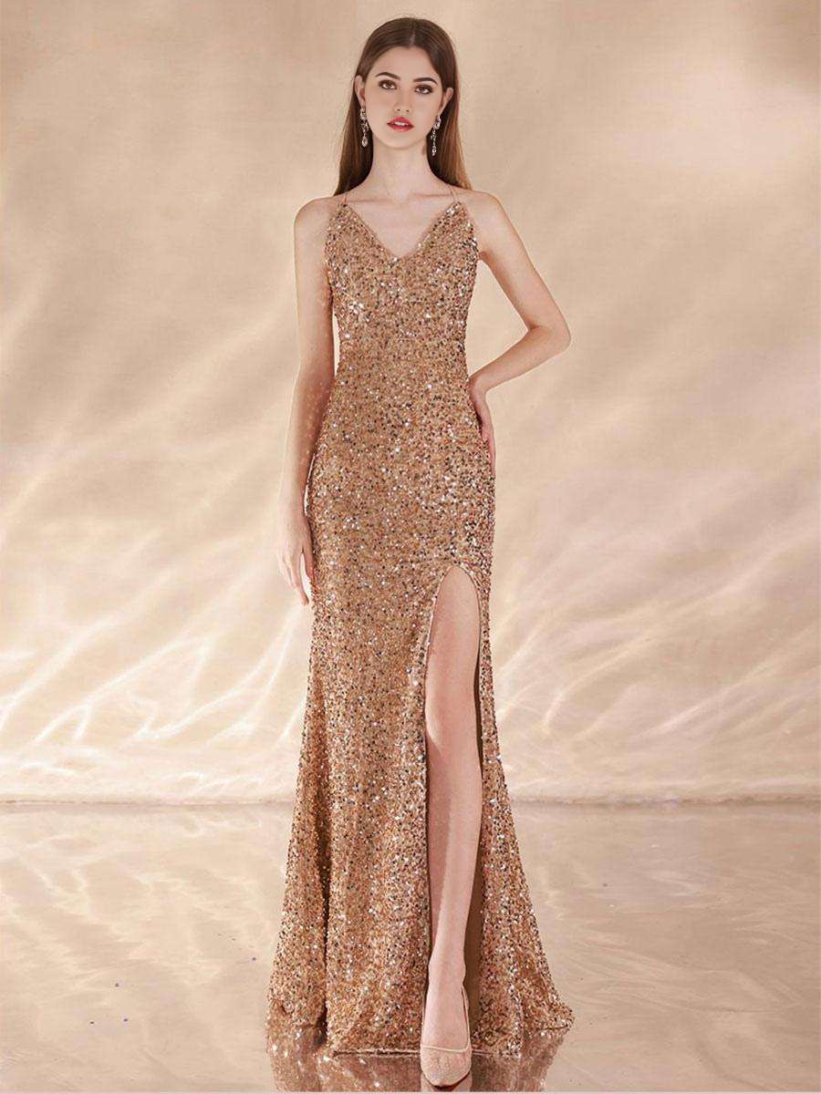 Mermaid V-Neck Sequined Sweep Sequins formal dresses Bridesmaid Dresses evening gown Prom Dress