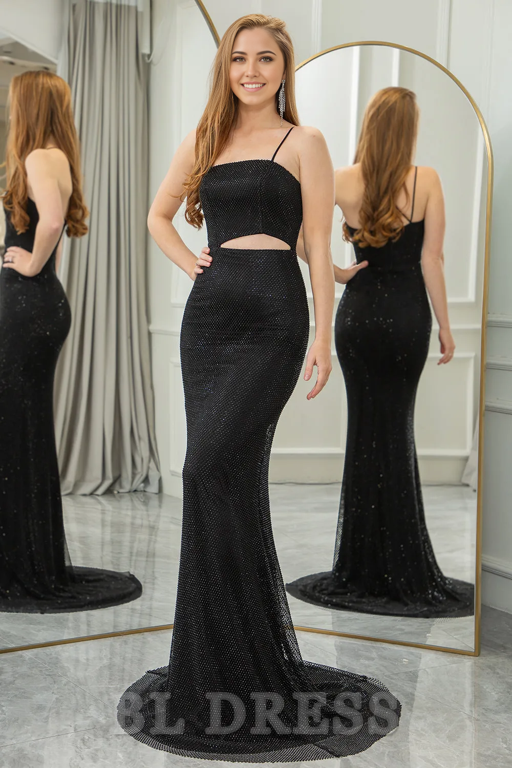 Mermaid Elegant Glitter Black Spaghetti Straps Cut Out formal dresses evening gown Long Prom Dress