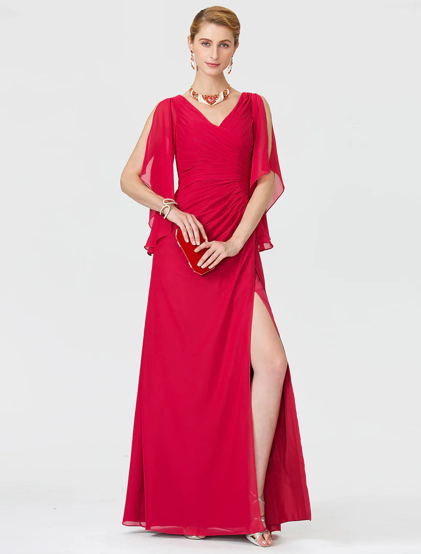 Sheath / Column Mother of the Bride Dress Furcal V Neck Floor Length Chiffon Half Sleeve No with Criss Cross Split Front