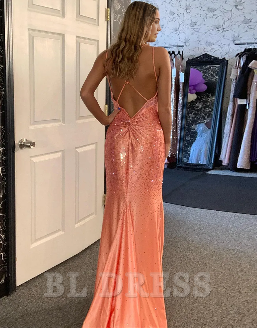 Mermaid Sparkly Spaghetti Straps Beaded Satin Orange Long formal dresses Bridesmaid Dresses evening gown Prom Dress