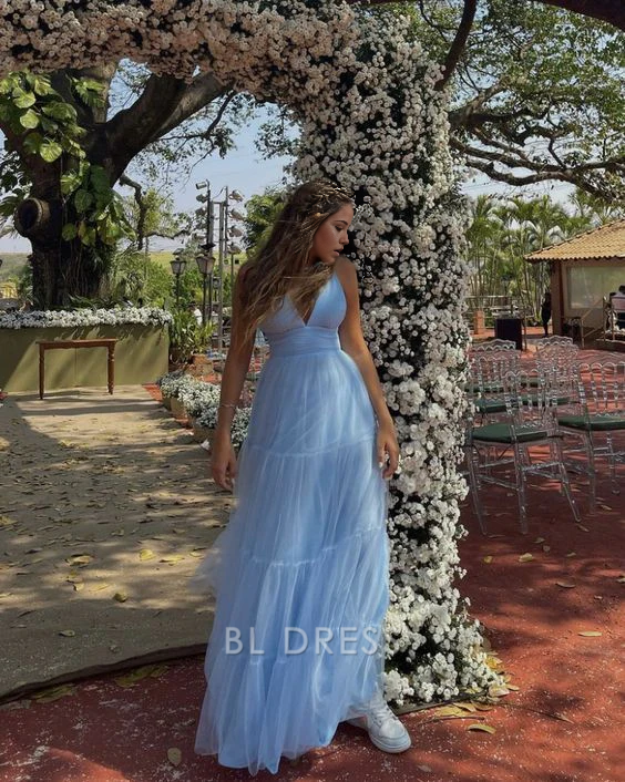 A Line Simple V-Neck Light Blue Tulle Long formal dresses Bridesmaid Dresses evening gown Prom Dress