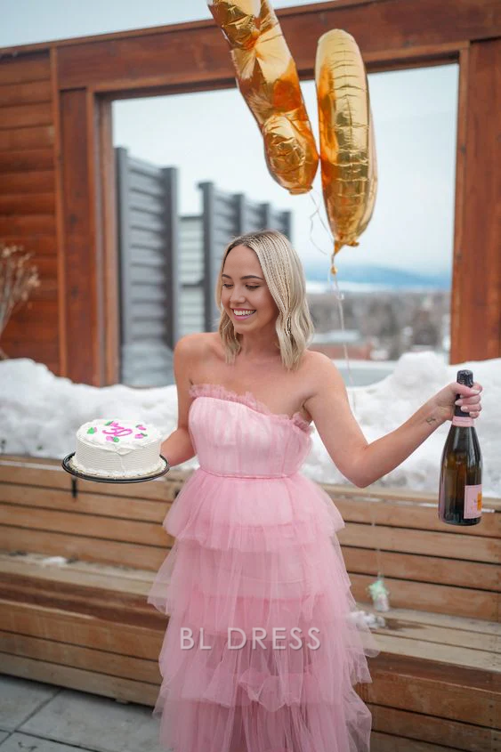 Elegant sleeveless Pink Tulle formal dresses Bridesmaid Dresses evening gown Prom Dress