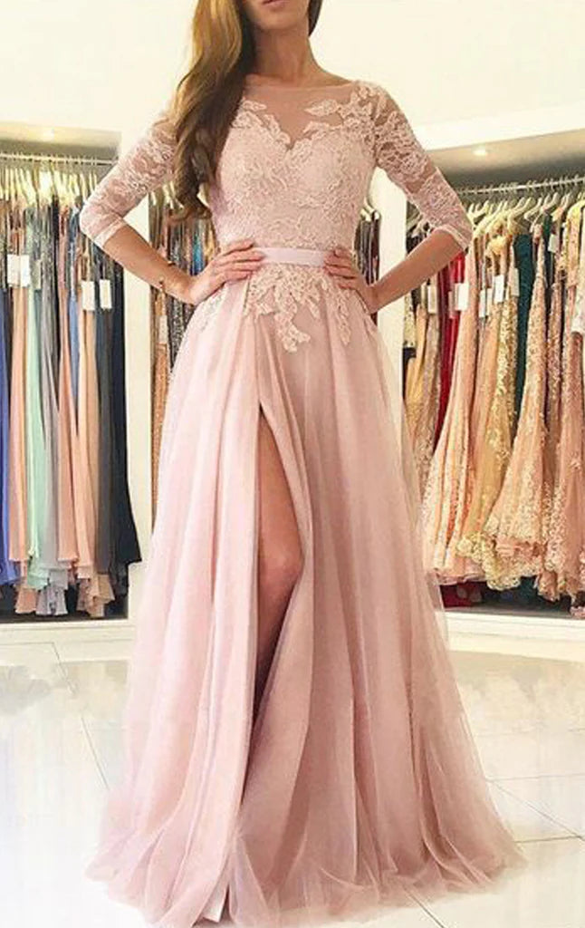 Lace Tulle 3/4 Sleeves Long Prom Dress