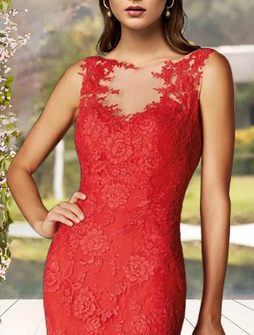 Mermaid / Trumpet Mother of the Bride Dress Luxurious Elegant Jewel Neck Sweep / Brush Train Lace Tulle Sleeveless with Pleats Appliques