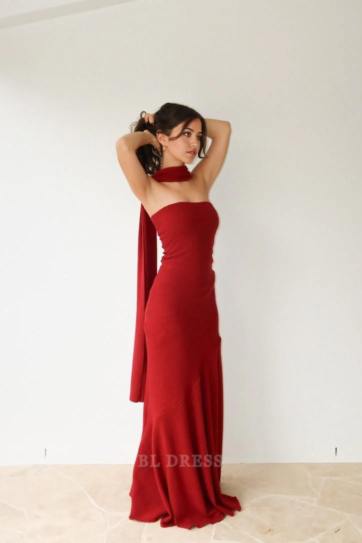 Mermaid Strapless Burgundy Long formal dresses Bridesmaid Dresses evening gown Prom Dress