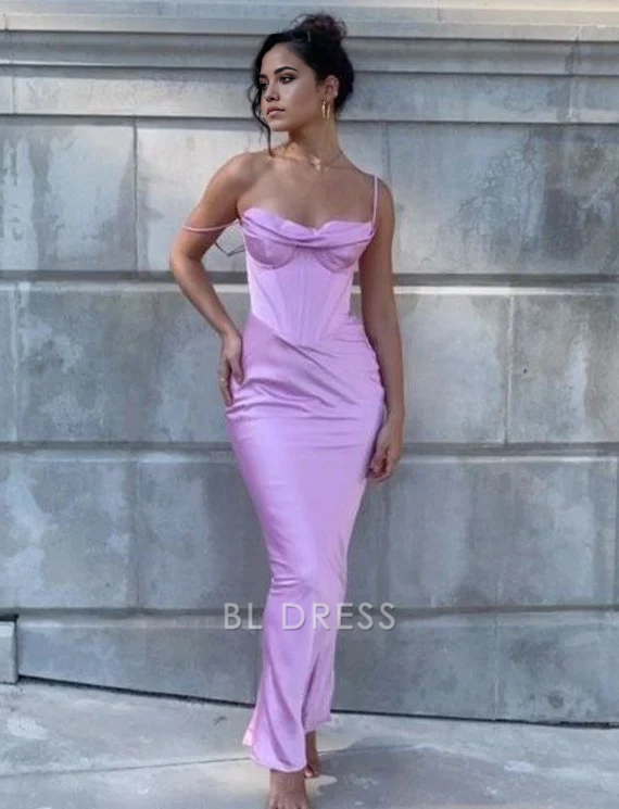 Sheath Simple Spaghetti Straps Lavender Satin formal dresses Bridesmaid Dresses evening gown Prom Dress