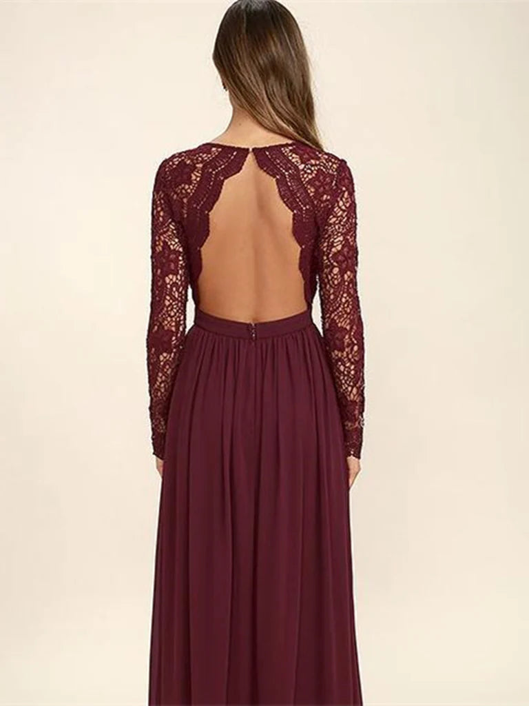 A-line Lace Long Sleeves V Neck Bridesmaid Dress Prom Dress Backless Evening Dress