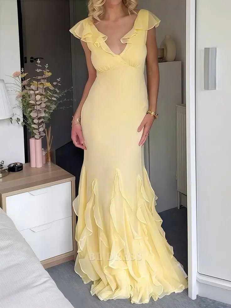 Sheath V Neck Ruffled Long Yellow formal dresses Bridesmaid Dresses evening gown Prom Dress