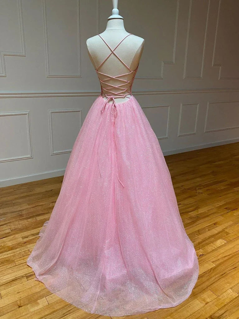 A Line V Neck Backless Tulle Long Prom Dresses