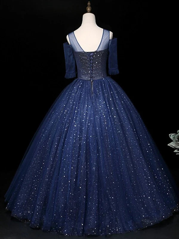 Half Sleeves Round Neck Beaded Long Prom Dresses