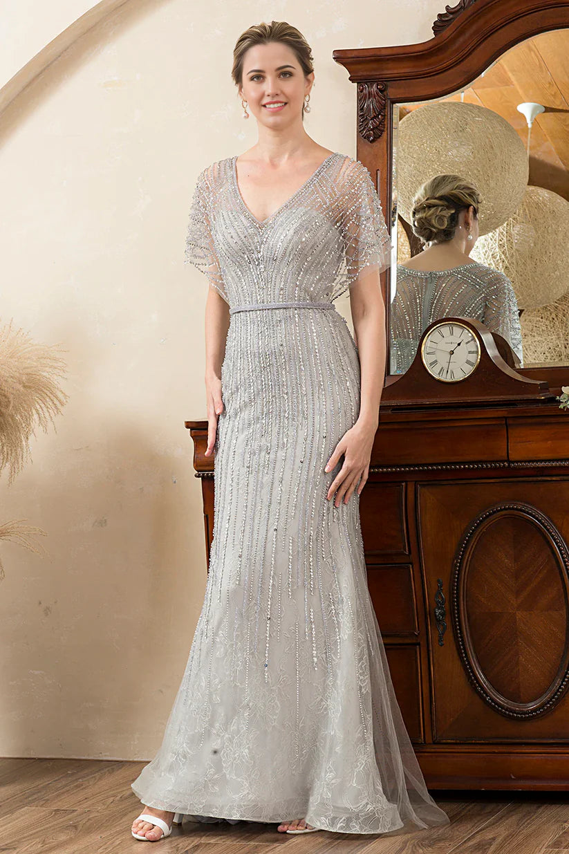 Mermaid Beading V-neck Glitter Mother of Bride Dress