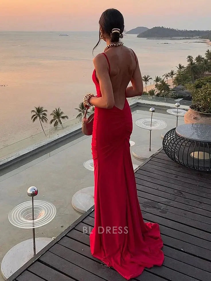 Mermaid Spaghetti Straps Sexy Backless Red Long formal dresses Bridesmaid Dresses evening gown Prom Dress