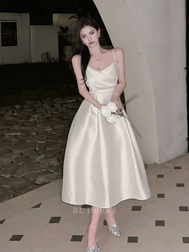 A Line Spaghetti Straps Satin Ivory Sleeveless Vintage formal dresses Bridesmaid Dresses evening gown Prom Dress