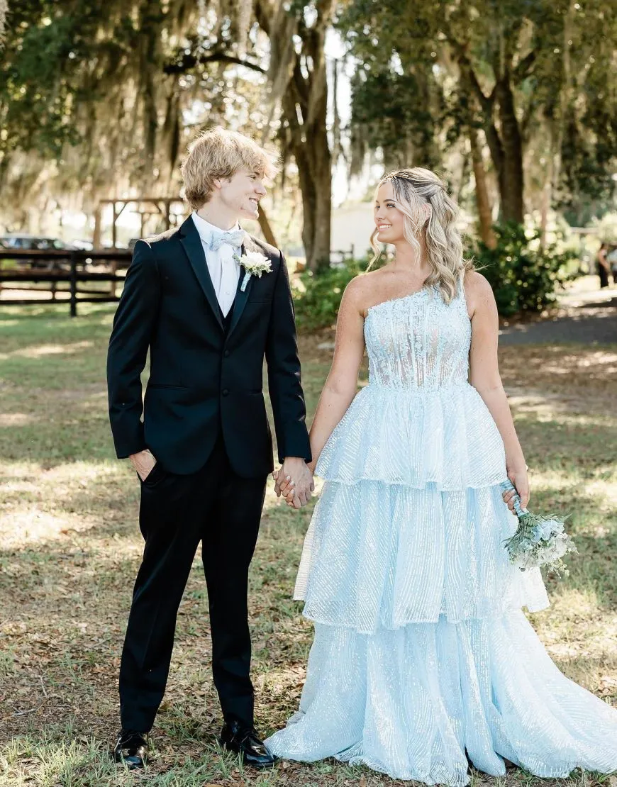 A-Line One Shoulder Layered formal dresses evening gown Prom Dress With Split