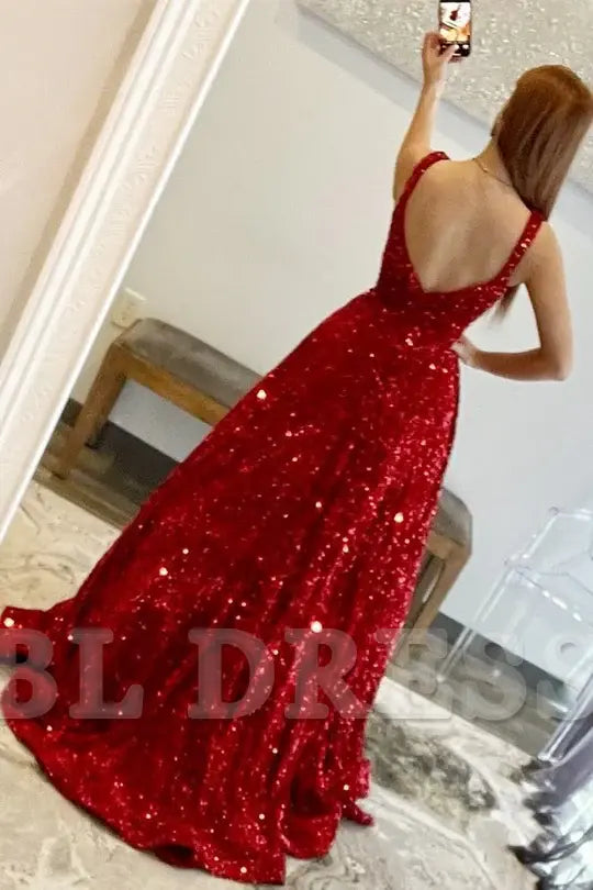 A-line Sequin Square Neck Open Back Red formal dresses Bridesmaid Dresses evening gown Prom Dress