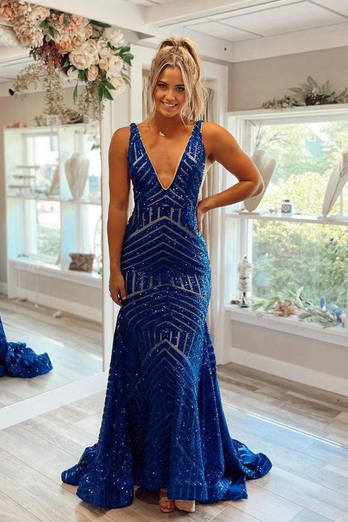 Mermaid V-Neck Long Royal Blue Prom Dress Party Dress