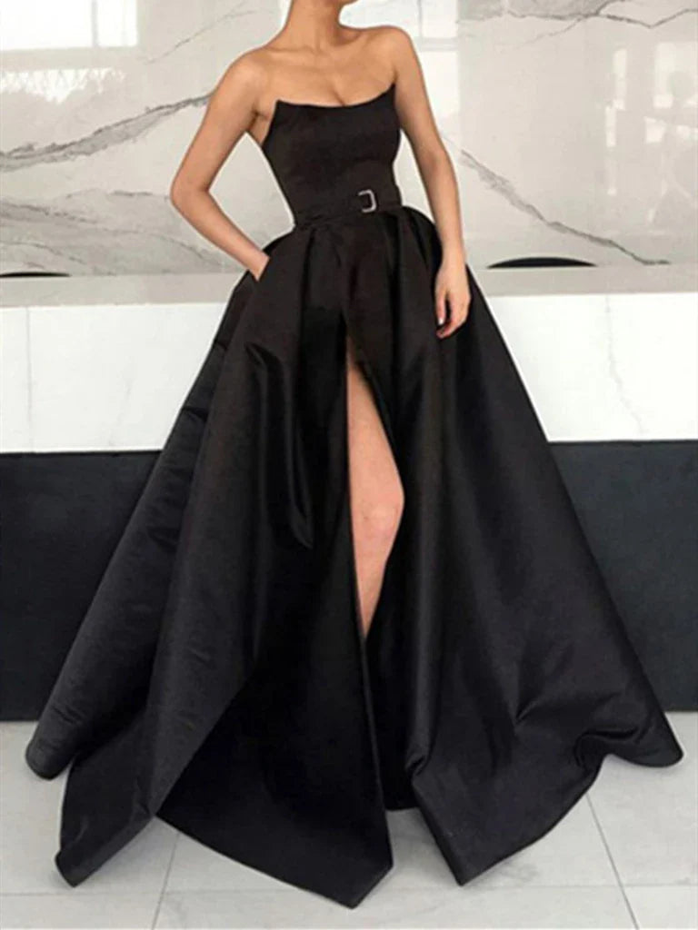 A-line Strapless Long Satin Formal Evening Graduation Dresses Prom Dresses with Slit