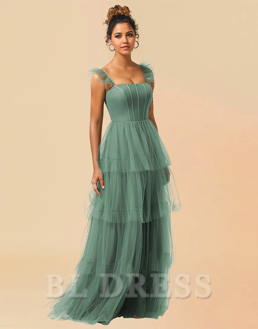 A-Line Detachable Straps Lace Up Tulle formal dresses Bridesmaid Dresses evening gown Prom Dress With Split