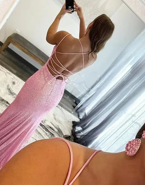 Mermaid Spaghetti Straps Sequins Long Prom Dress with Split Front