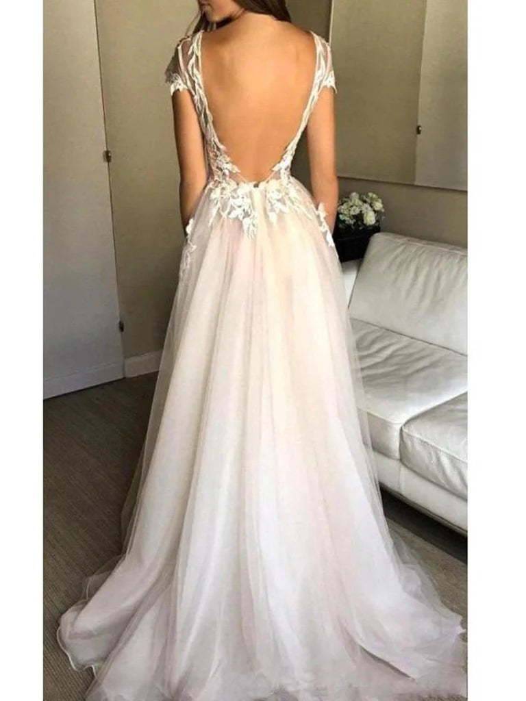 A-line Deep V Neck Cap Sleeves Lace Long Prom Dresses Open Back Lace Front Slit Wedding Dresses