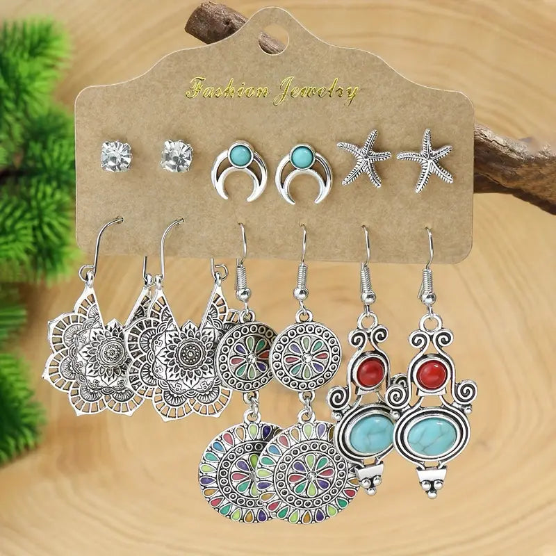 24-Pair Bohemian Earring Set - Turquoise Inlaid Studs & Dangles - Fashion-Forward Design