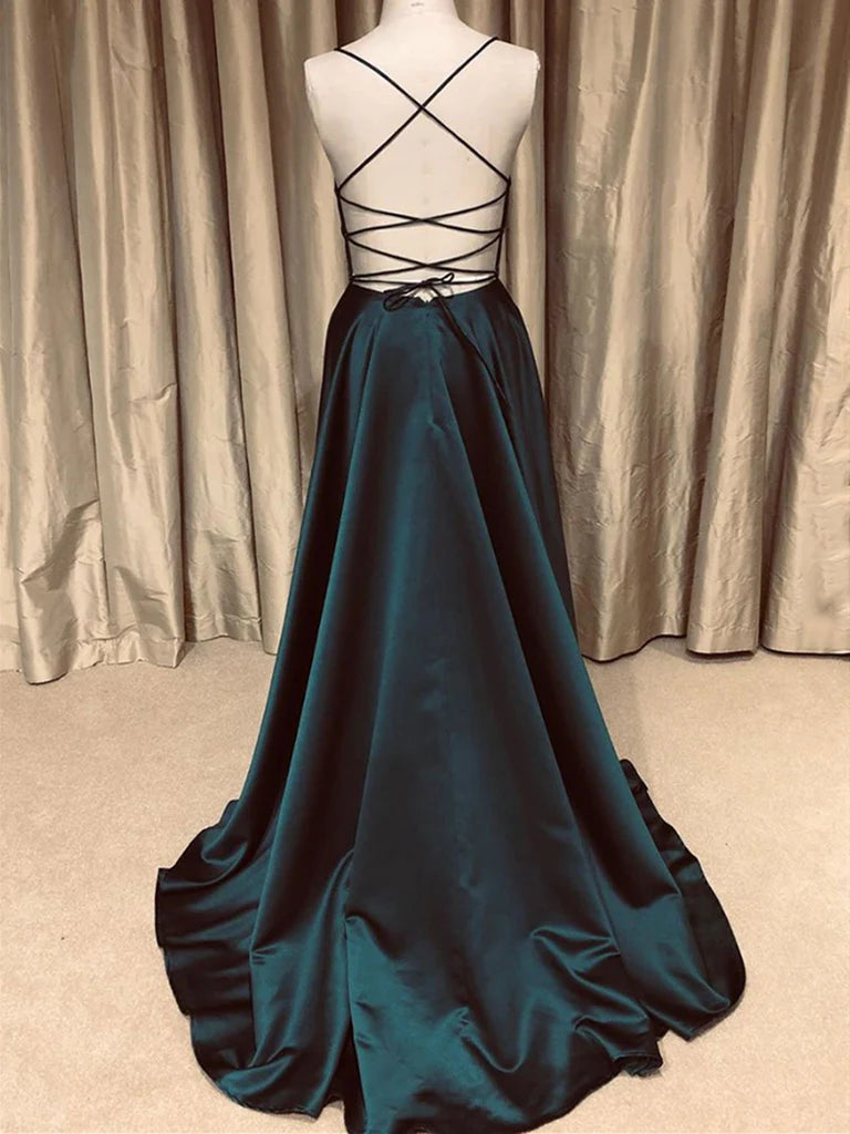 A-line V Neck Backless Long Prom Dresses Formal Graduation Evening Dresses